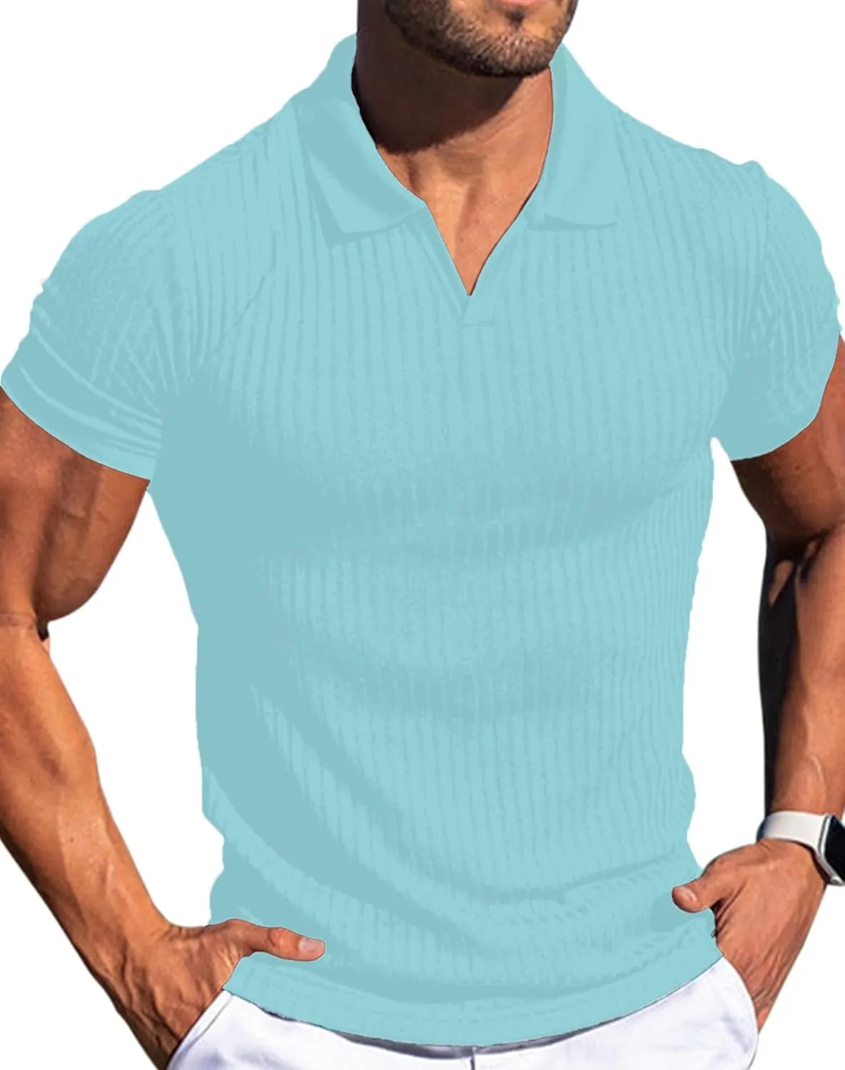V Neck Muscle Polo Shirts for Men Short Sleeve Zipper Ribbed Golf Tees Slim Fit Stretch T Shirt