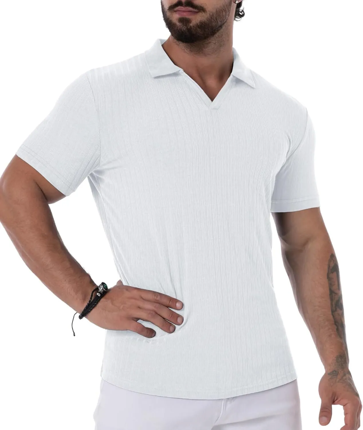 V Neck Muscle Polo Shirts for Men Short Sleeve Zipper Ribbed Golf Tees Slim Fit Stretch T Shirt