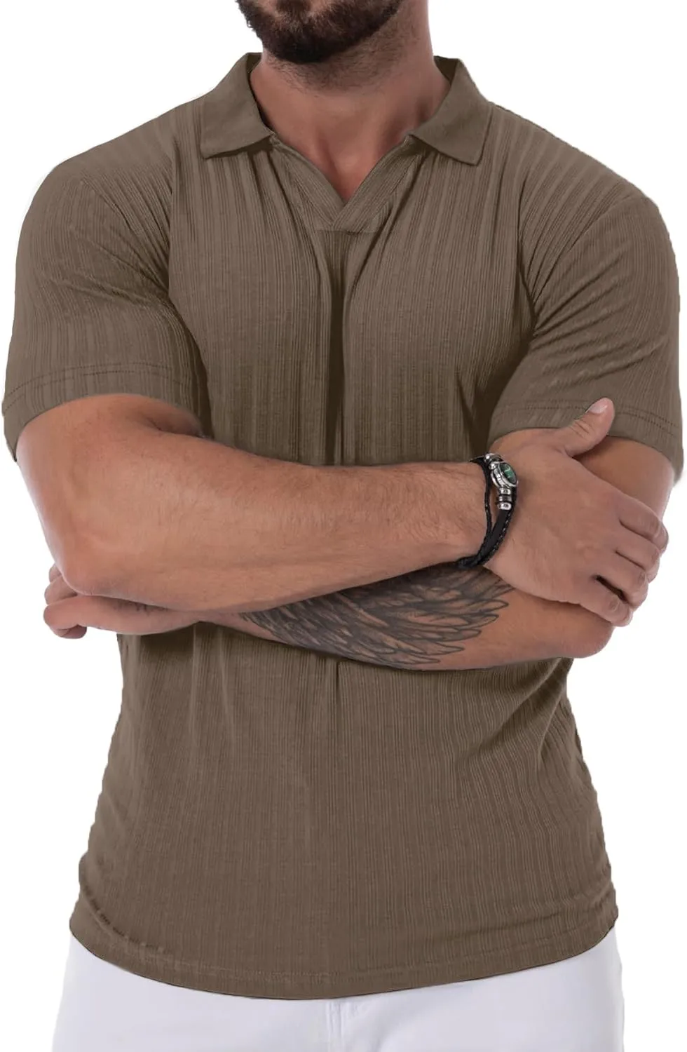 V Neck Muscle Polo Shirts for Men Short Sleeve Zipper Ribbed Golf Tees Slim Fit Stretch T Shirt