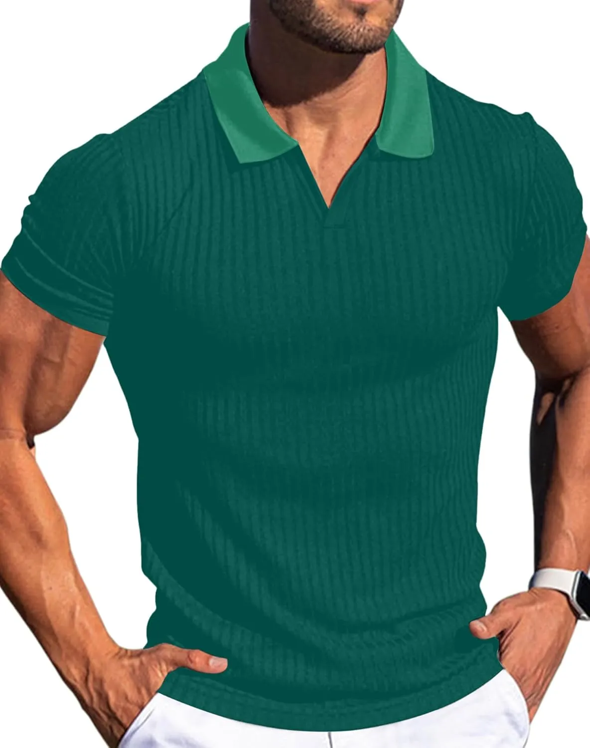 V Neck Muscle Polo Shirts for Men Short Sleeve Zipper Ribbed Golf Tees Slim Fit Stretch T Shirt