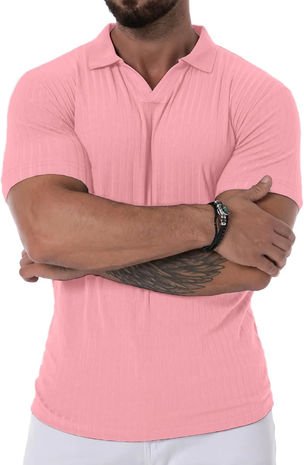 V Neck Muscle Polo Shirts for Men Short Sleeve Zipper Ribbed Golf Tees Slim Fit Stretch T Shirt