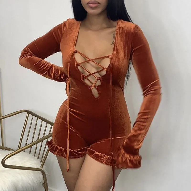 Velvet Long Sleeve Hollow Out Bandage Romper
