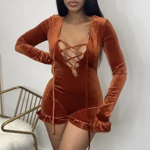 Velvet Long Sleeve Hollow Out Bandage Romper