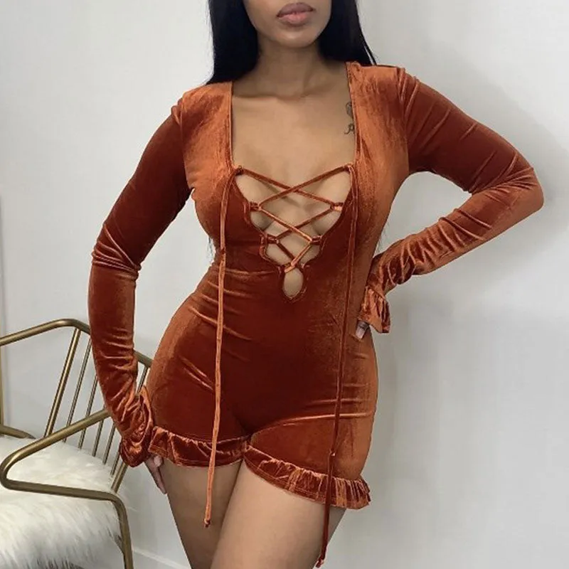 Velvet Long Sleeve Hollow Out Bandage Romper