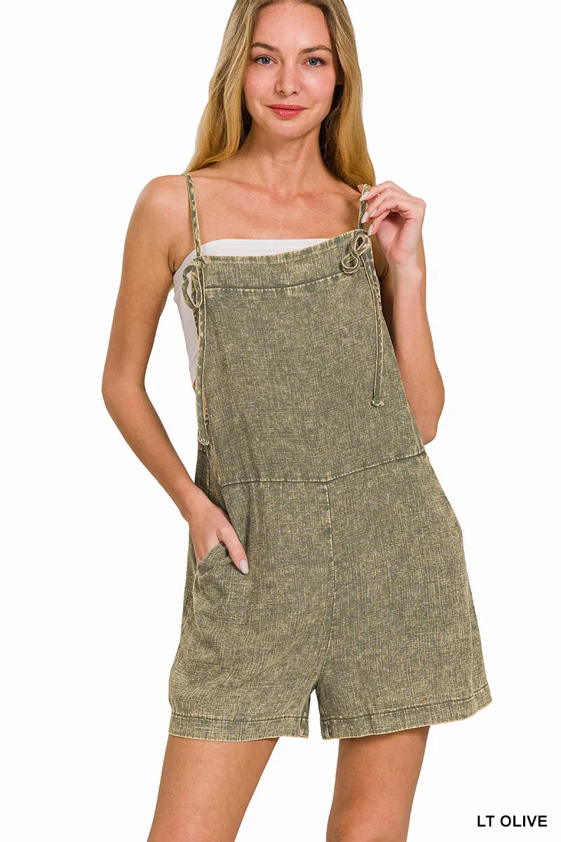 Washed Linen Beige Knot Strap Romper - Light Olive