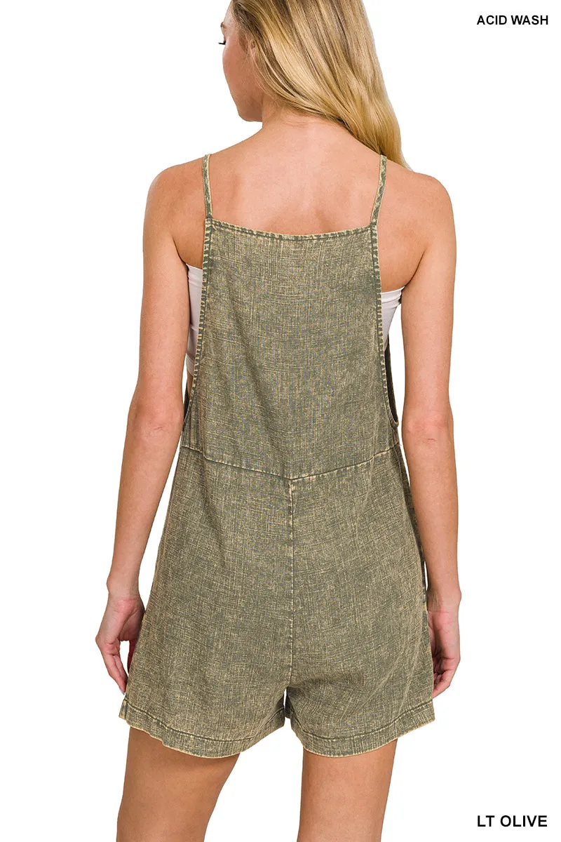 Washed Linen Beige Knot Strap Romper - Light Olive