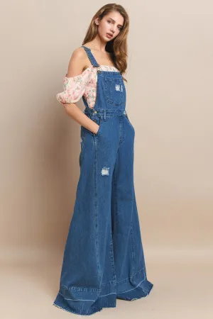 WIDE LEG DISTRESSED DENIM OVERALLS W4429RIA