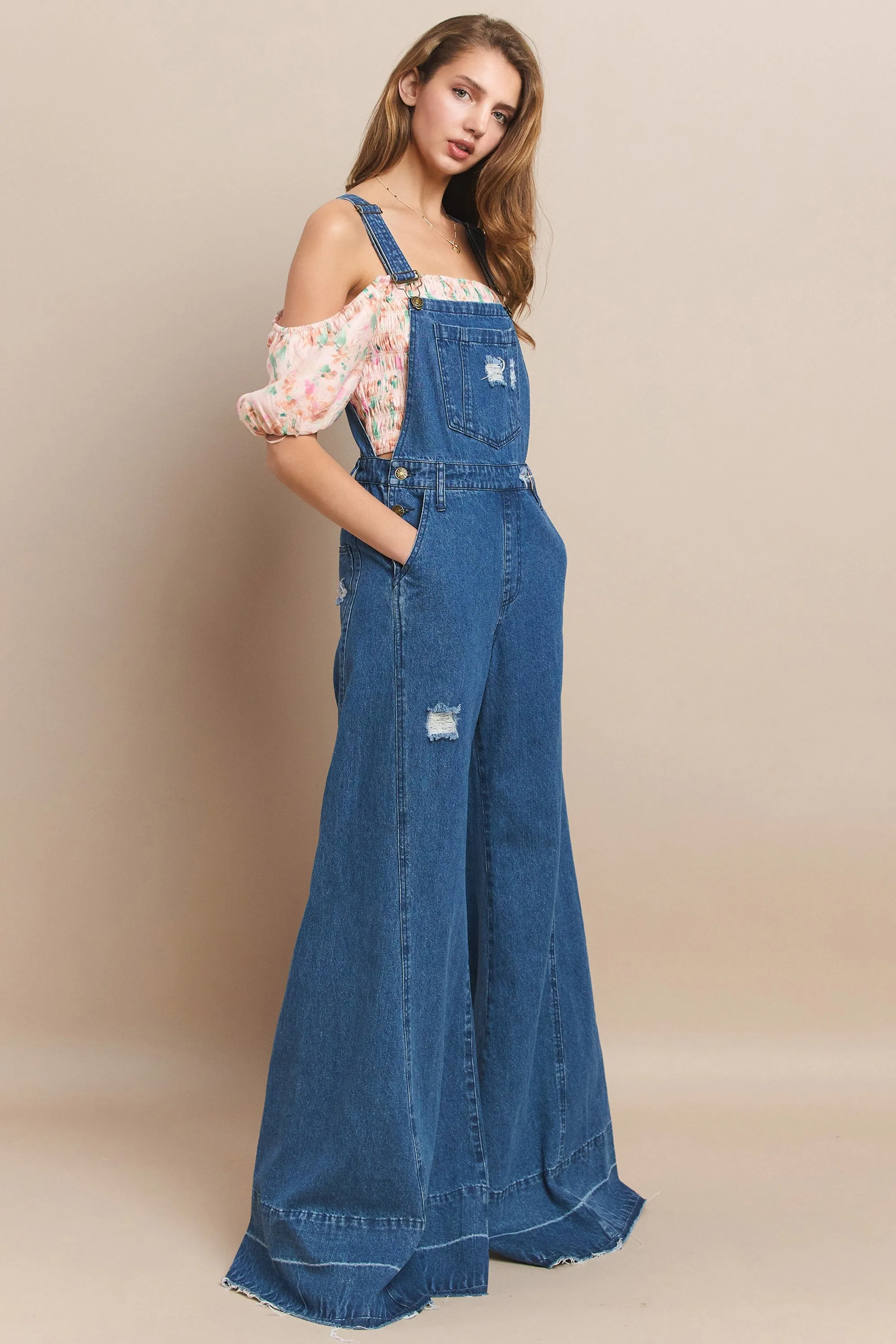 WIDE LEG DISTRESSED DENIM OVERALLS W4429RIA