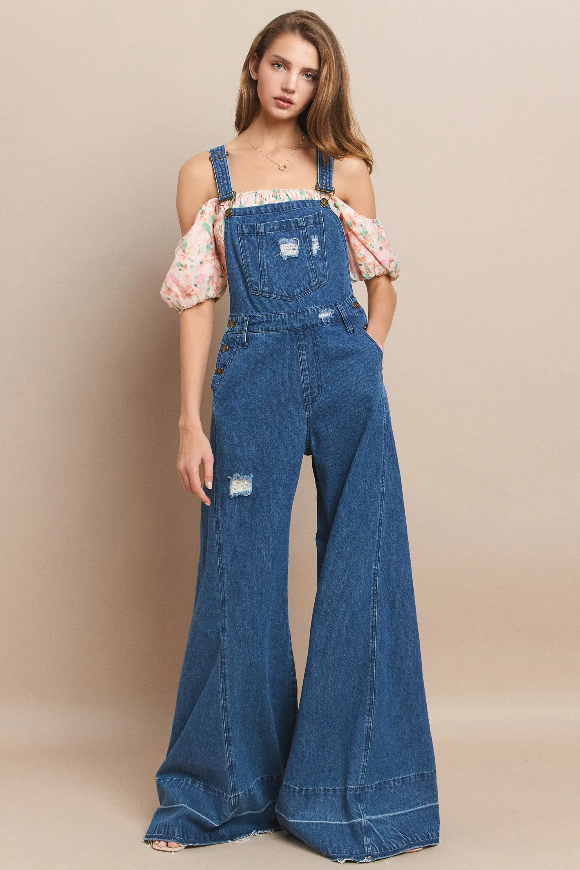 WIDE LEG DISTRESSED DENIM OVERALLS W4429RIA