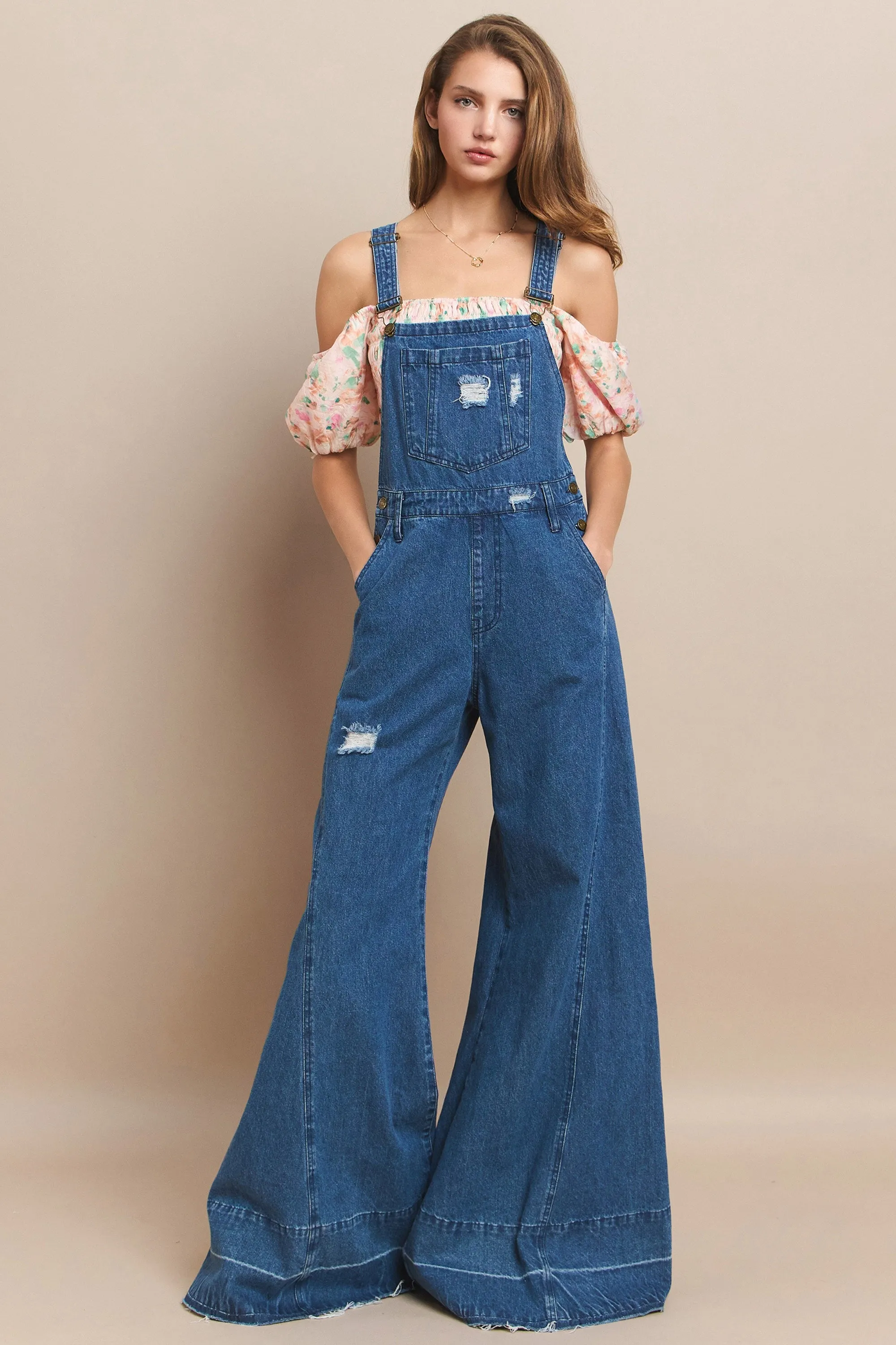 WIDE LEG DISTRESSED DENIM OVERALLS W4429RIA