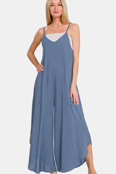 Wide Leg Thin Strap Dusty Blue Overalls