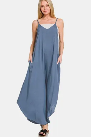 Wide Leg Thin Strap Dusty Blue Overalls