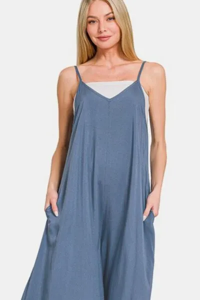 Wide Leg Thin Strap Dusty Blue Overalls