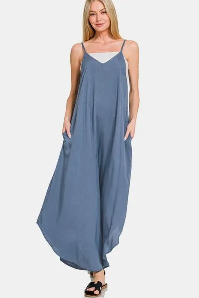 Wide Leg Thin Strap Dusty Blue Overalls