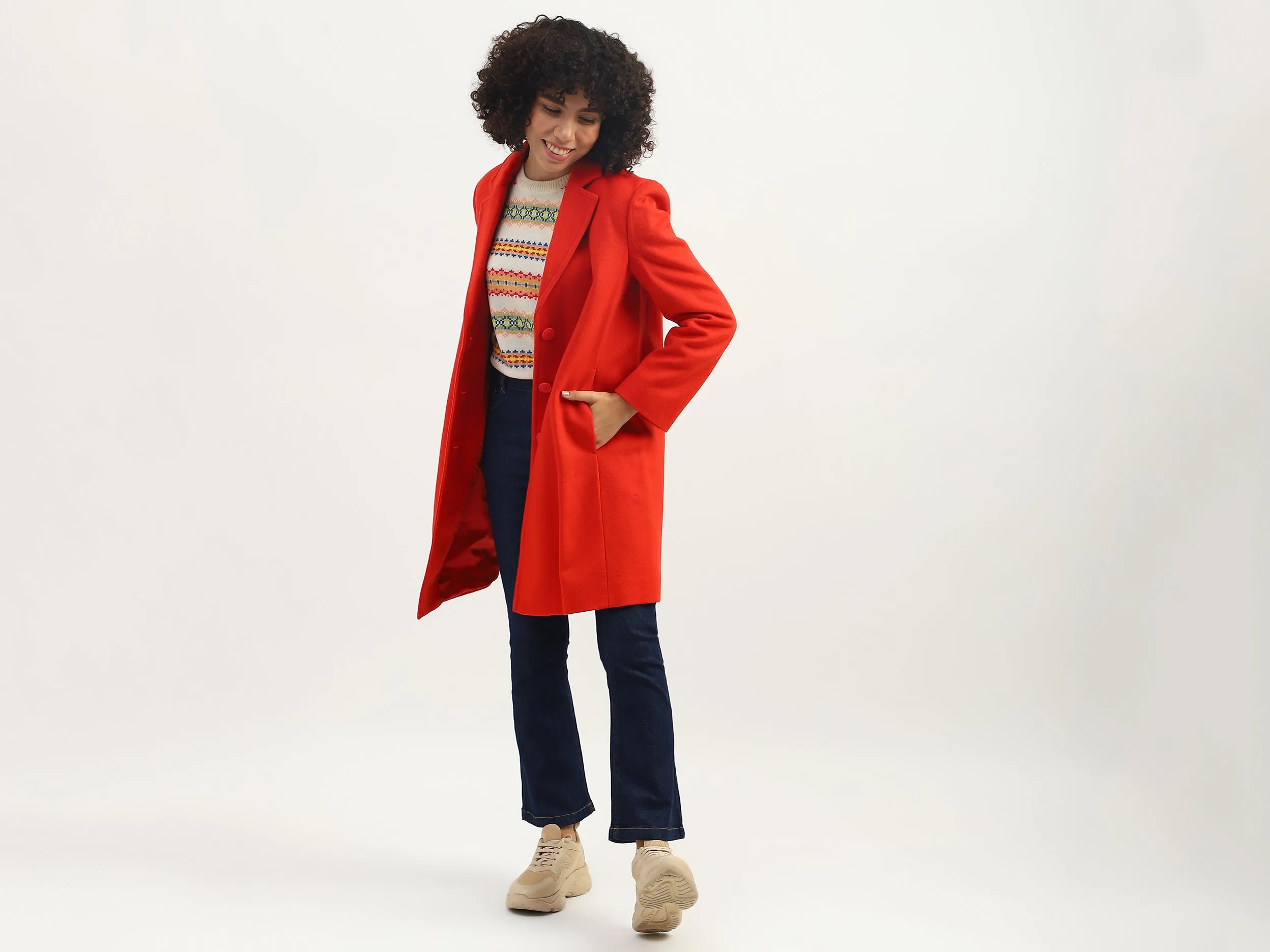 Women Solid Lapel Collar Coat