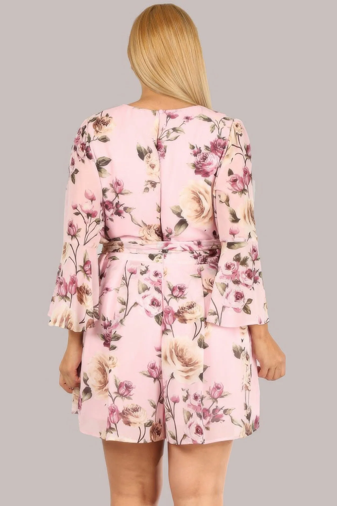 Women's Floral Chiffon 3 4 Sleeve Tie Waist Romper