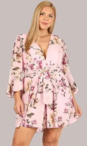 Women's Floral Chiffon 3 4 Sleeve Tie Waist Romper