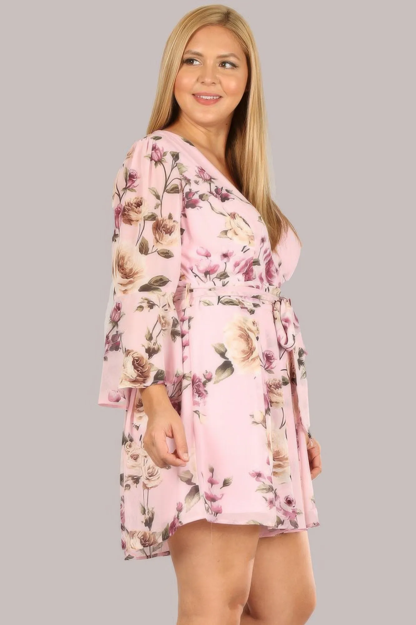Women's Floral Chiffon 3 4 Sleeve Tie Waist Romper