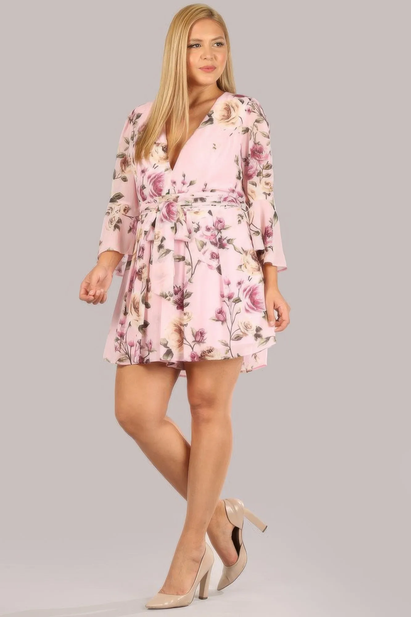 Women's Floral Chiffon 3 4 Sleeve Tie Waist Romper