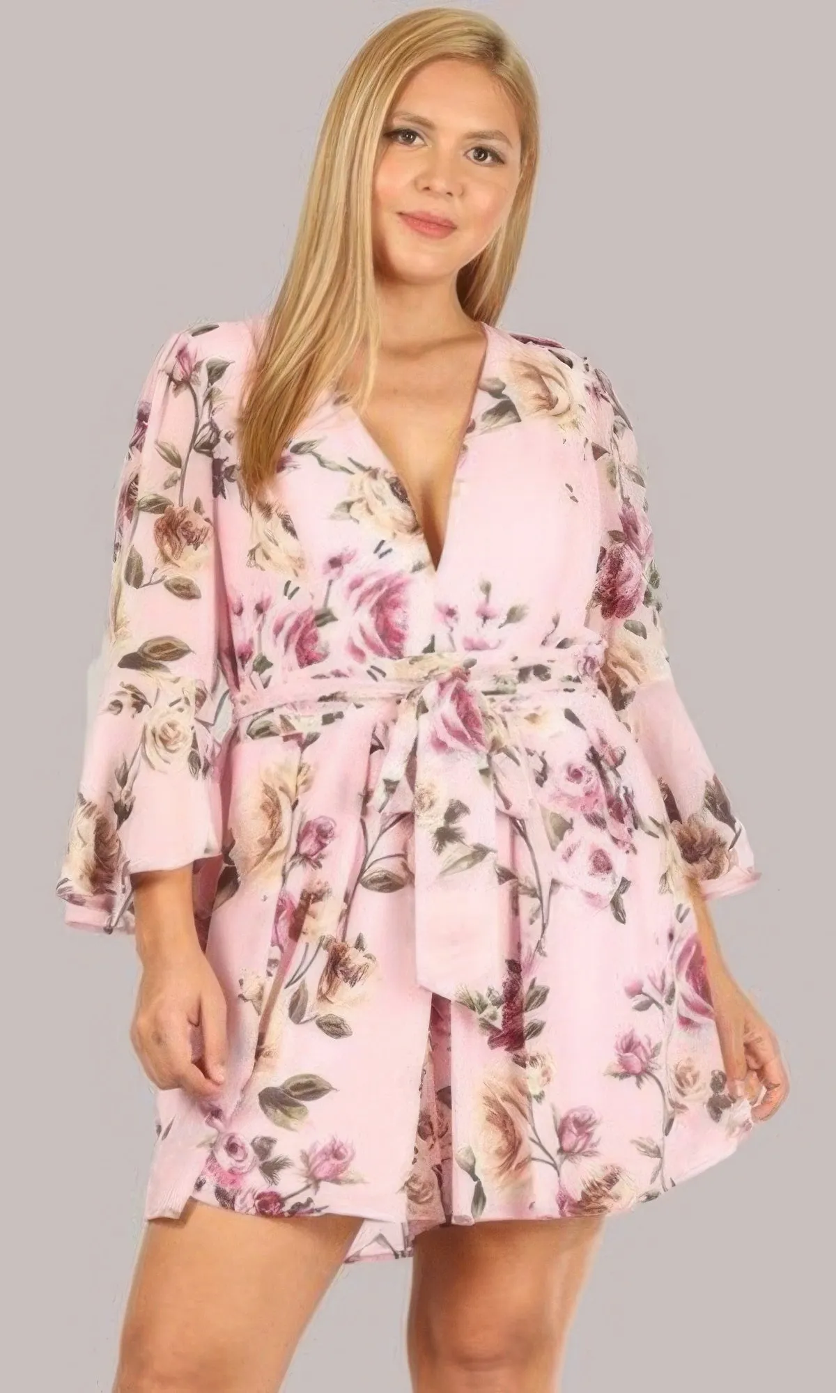 Women's Floral Chiffon 3 4 Sleeve Tie Waist Romper