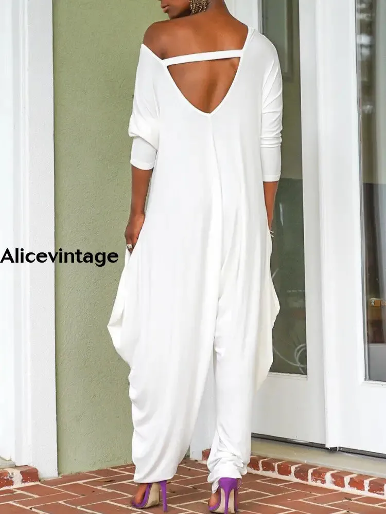 Women's Retro Solid Color Loose Casual Jumpsuit