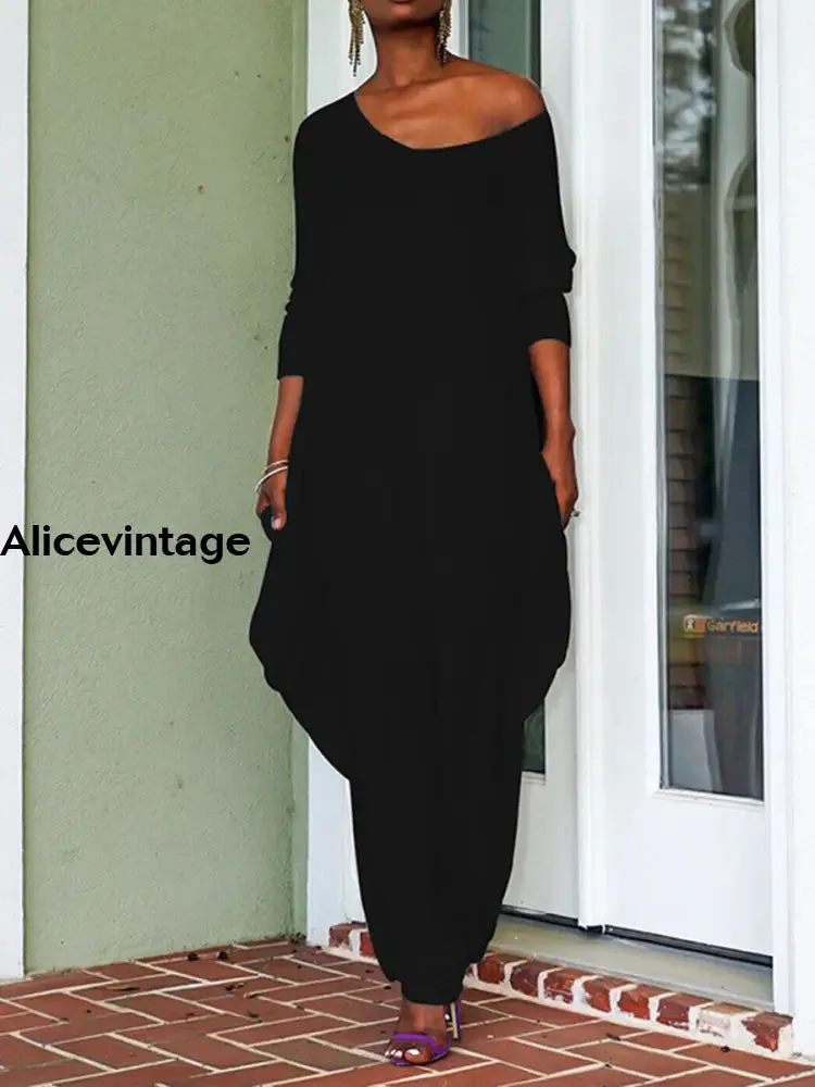 Women's Retro Solid Color Loose Casual Jumpsuit
