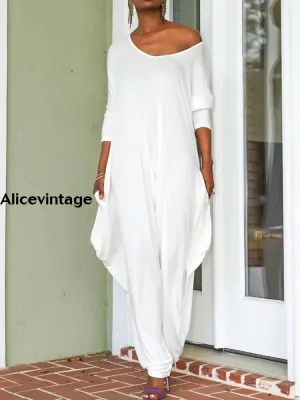 Women's Retro Solid Color Loose Casual Jumpsuit