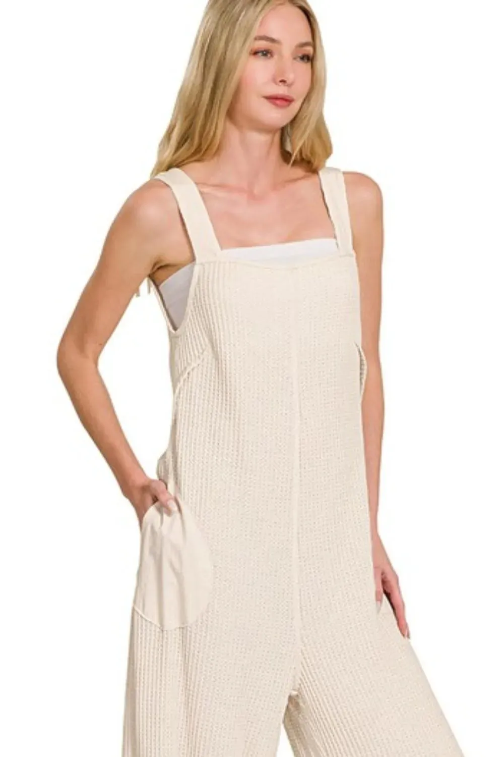 Zenana Knit Waffle Wide Leg Overalls